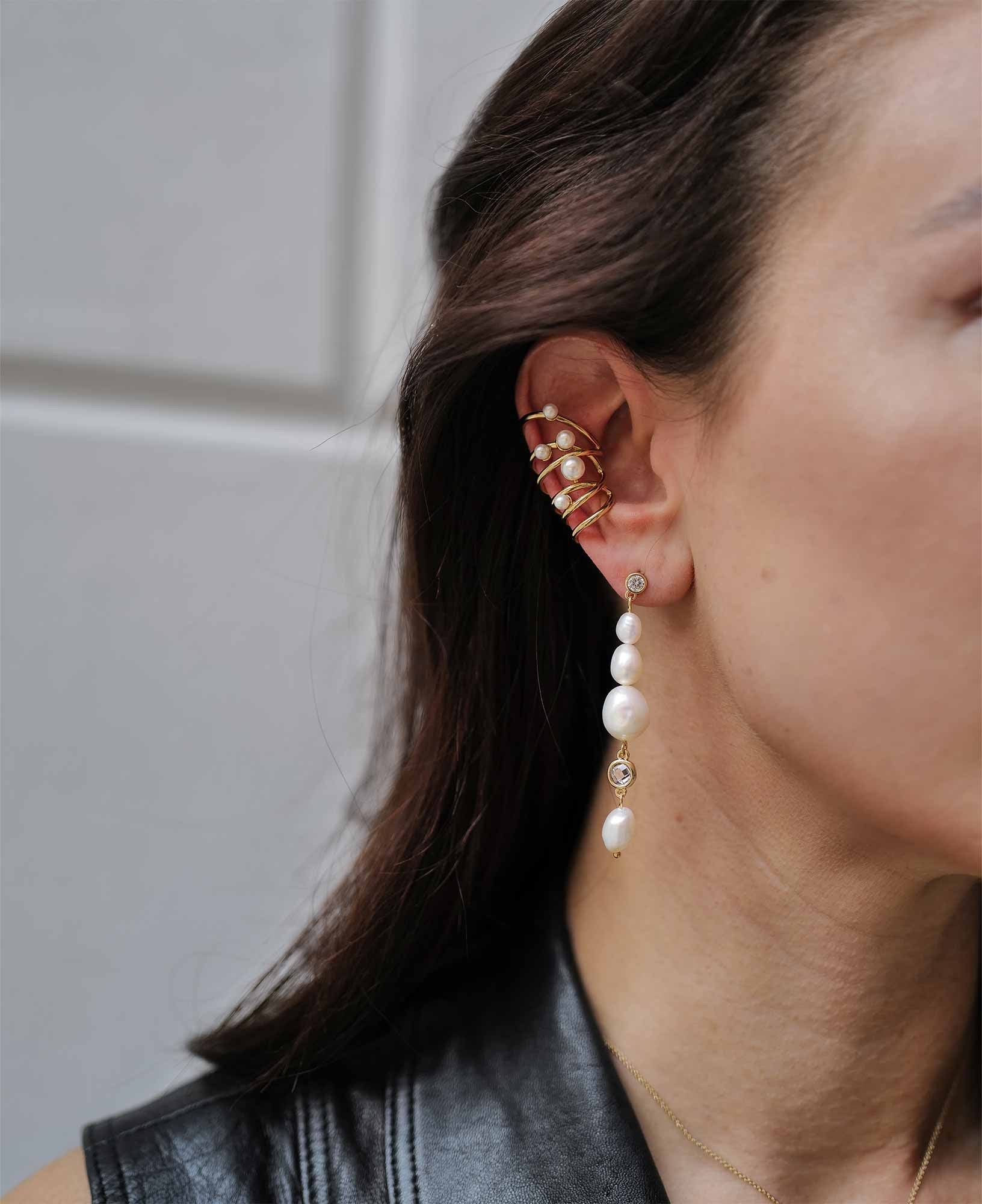 model shot of kayla embellished pearl ear cuff and micah pearl drop earrings