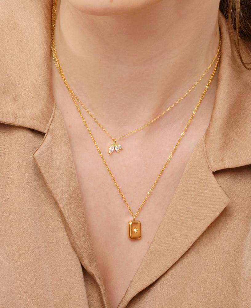 Colette Triple Marquee Pendant 24k Gold Necklace with Marquee cut cubic zirconia stone on model lifestyle stacking look - sachelle collective
