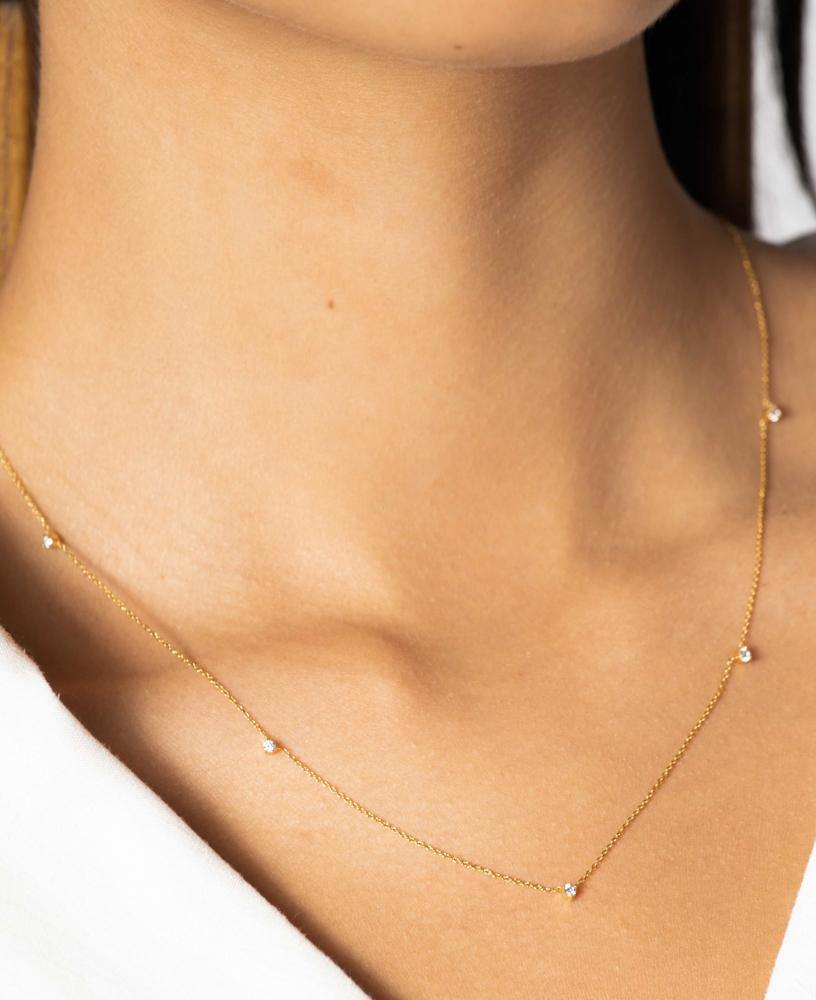 Jules Six Bezel 14k Gold plated chain Necklace with six brilliant cut cubic zirconia stone on model lifestyle look - sachelle collective