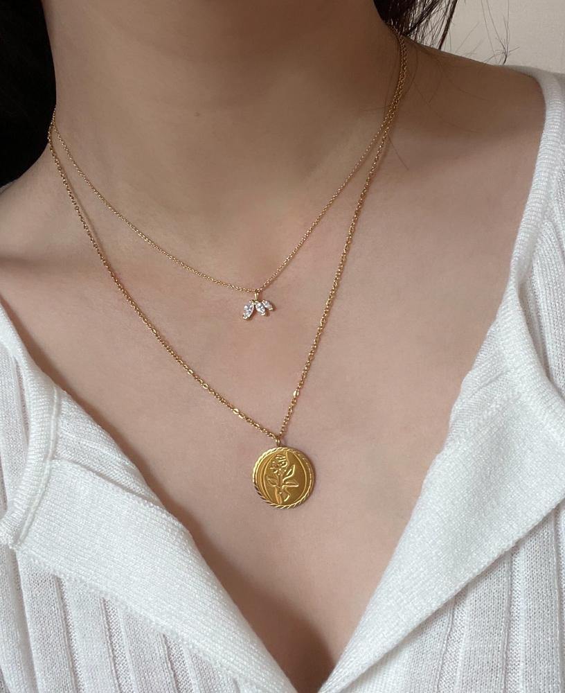 Colette Triple Marquee Pendant 24k Gold Necklace with Marquee cut cubic zirconia stone on model lifestyle look - sachelle collective