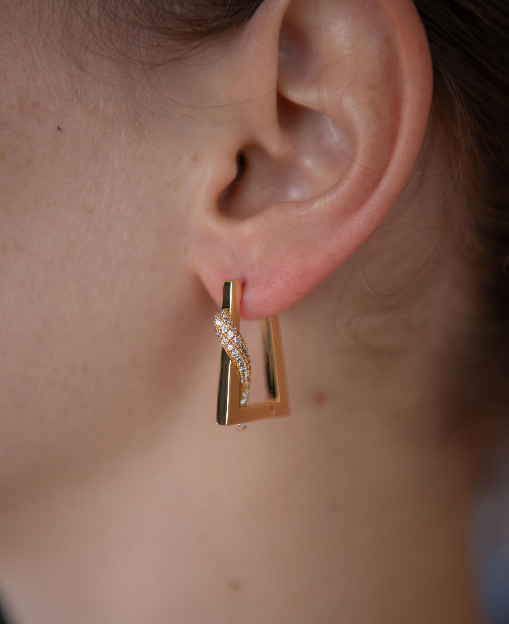 model shot of kim cz pave rectangle hoop earrings