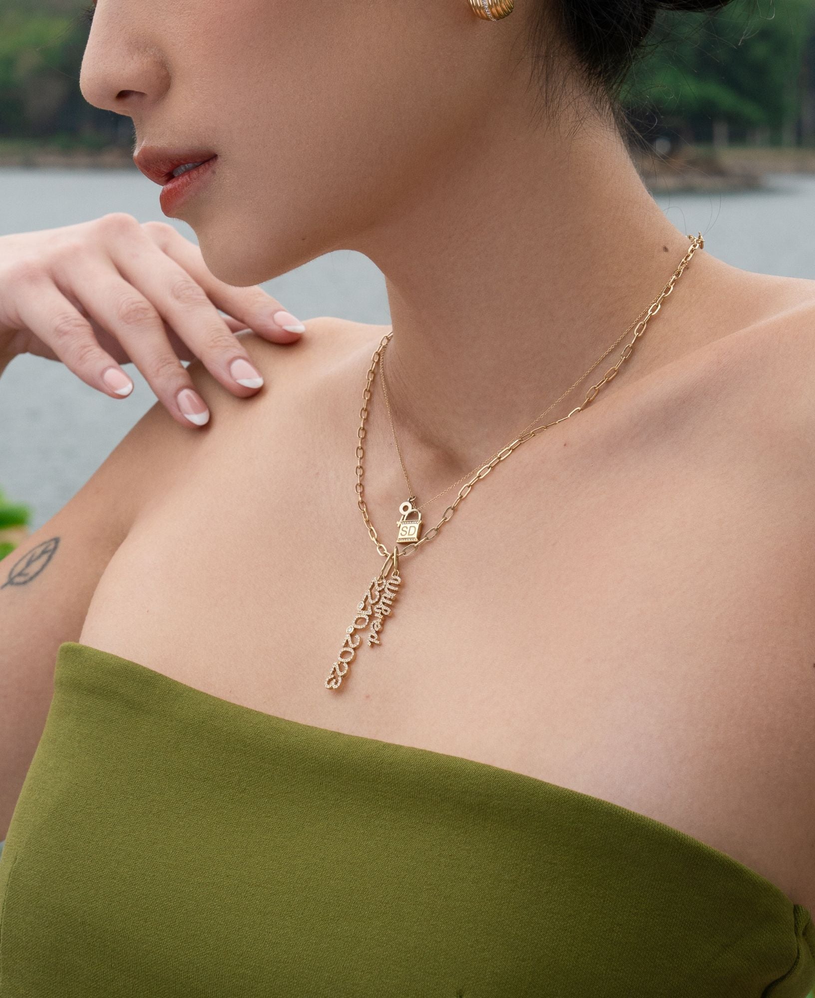 Leighton Custom 14k Solid Gold Engraved Lock-and-Key Necklace with Diamonds