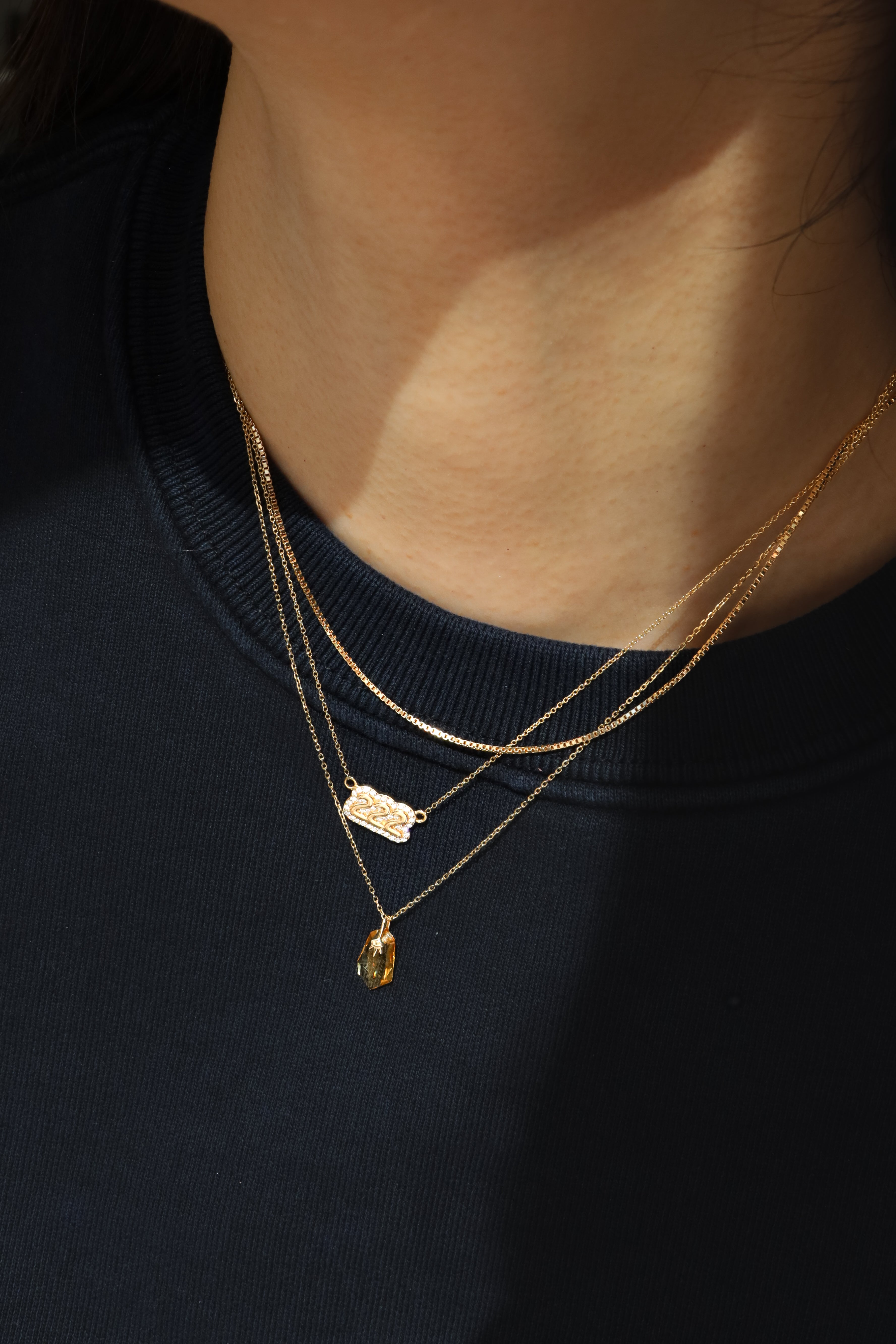 Close-up of a person wearing two gold necklaces with pendants on a dark background