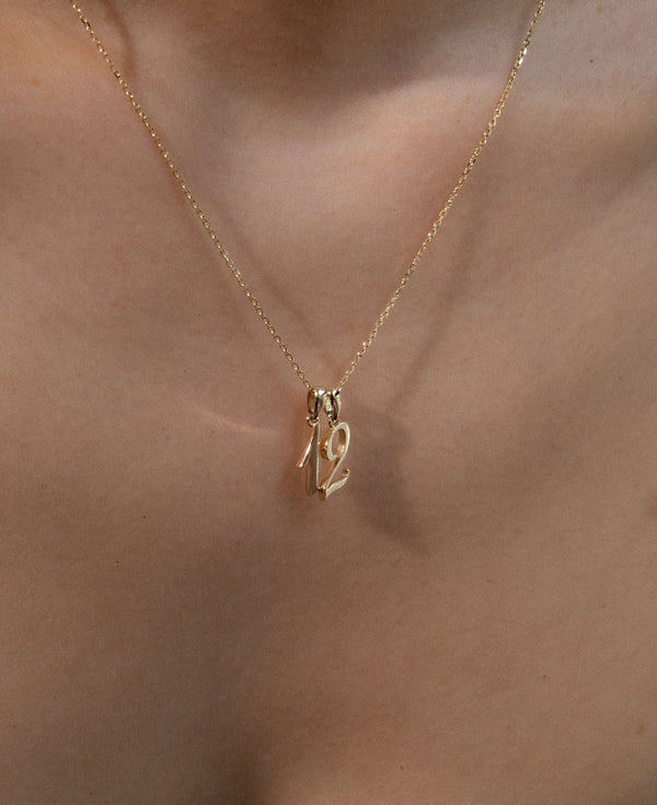 Lucia Custom Script Number Solid Gold Charm Necklace