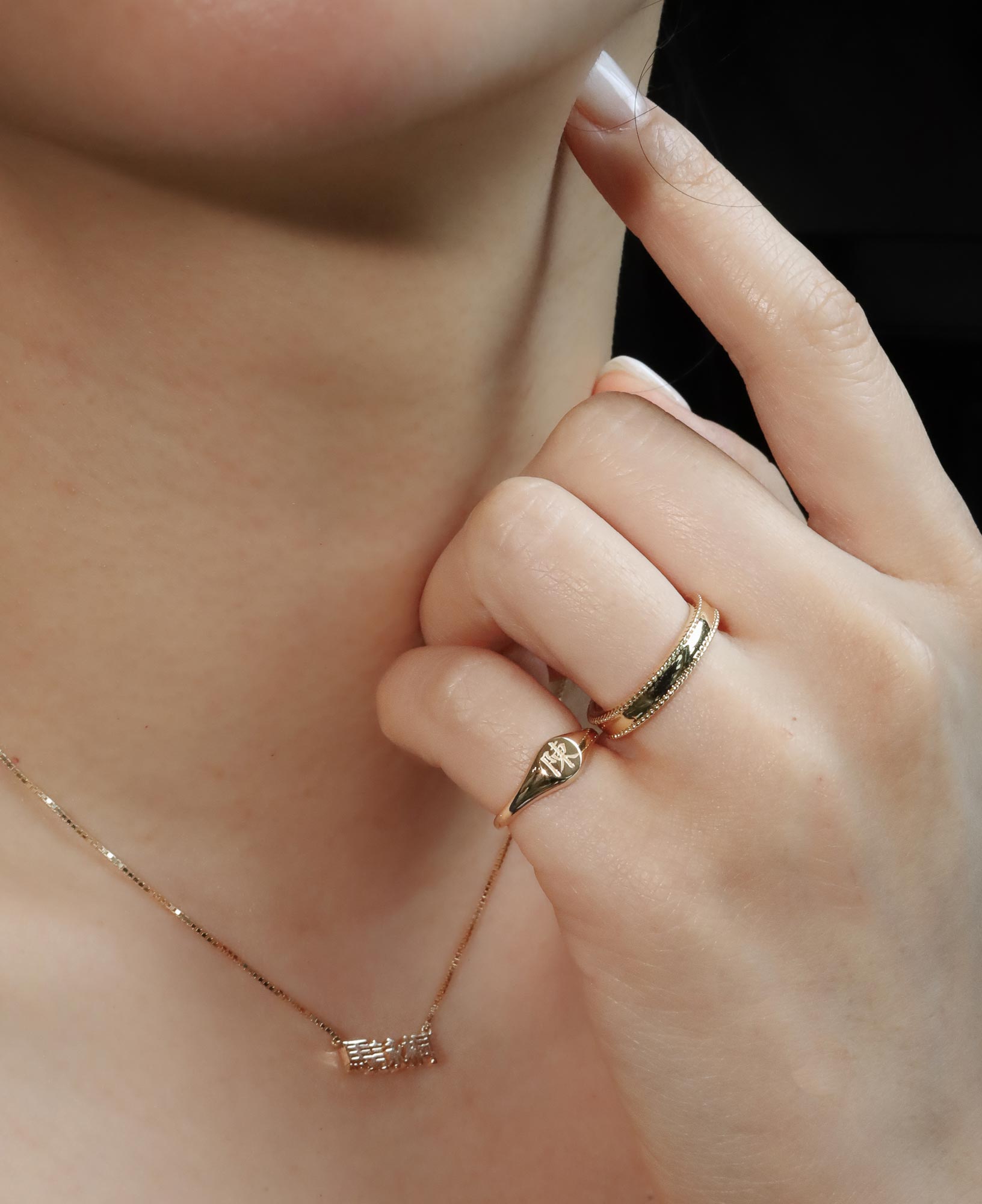 Model wear Talia Custom Mini Engraved Solid Gold Signet Ring