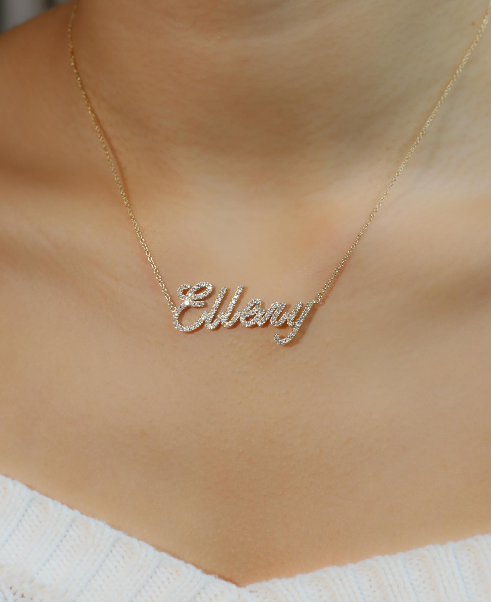 Model wearing Verity Custom Diamond Script Nameplate Necklace