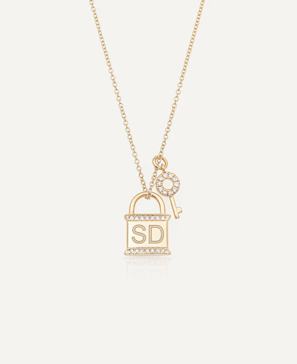 product shot of Leighton Custom Engraved Lock-and-Key Necklace with Diamonds in 14k Yellow Gold