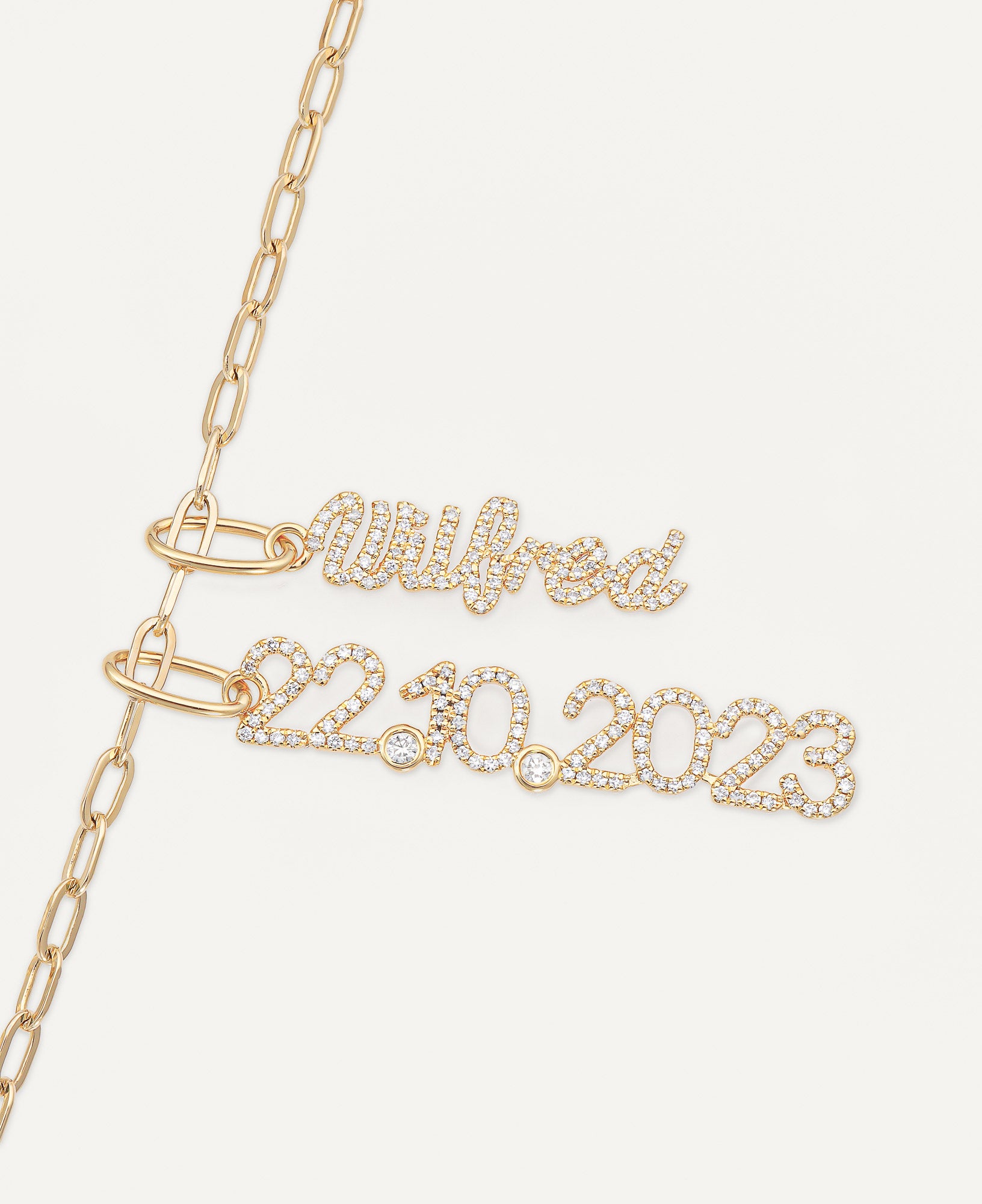 product shot of Vienna Custom Diamond Vertical Name Pendant Necklace in 14k Yellow Gold