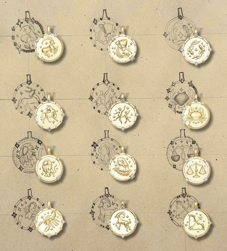 sketches and products of the twelve horoscope gold pendant necklaces