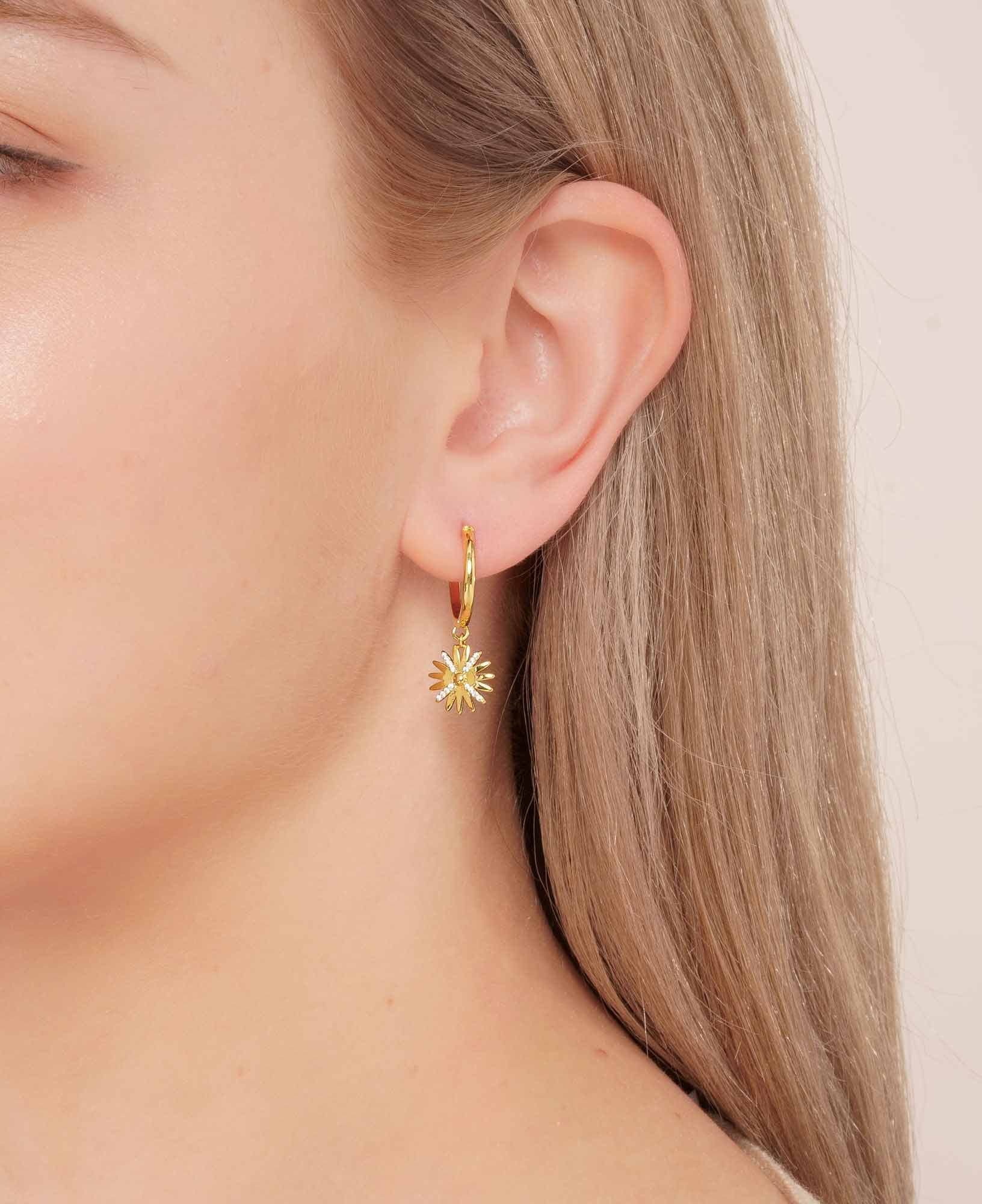 Daisy Flower 14k Dainty Gold Hoop Earrings lifestyle on model - sachelle collective