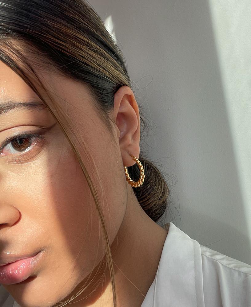 Noelle French Twist 18k Gold plated Hoop Earring on model real life shot - sachelle collective