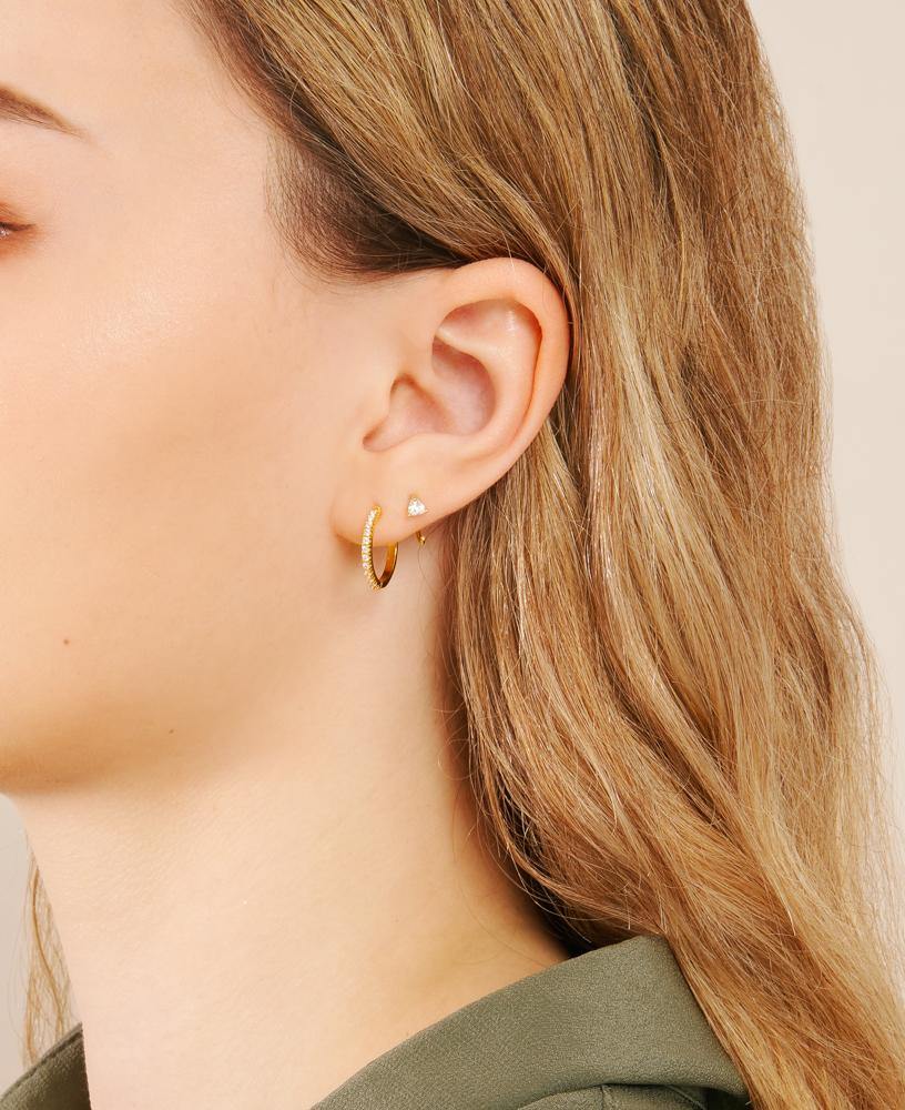Isabelle Classic Half-Moon 14k Gold Hoop Earrings lifestyle shot on model - Sachelle Collective